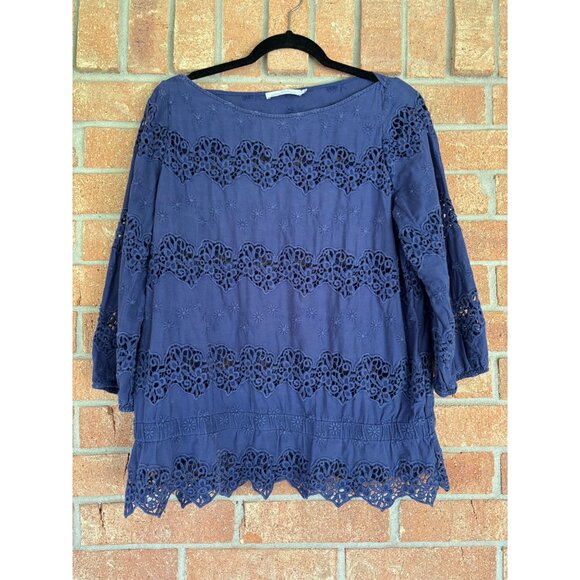 Anne Fontaine Evita Navy Blue Cotton Lace 3/4 Sleeve Blouse Embroidered Design - Picture 2 of 11